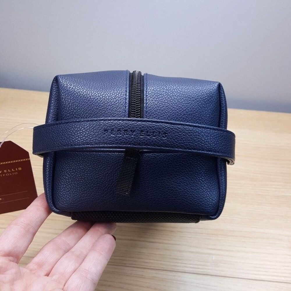 PERRY ELLIS Mens Navy Faux Leather Zip Case Travel Shave Toiletry Kit Bag Pouch - Picture 3 of 10